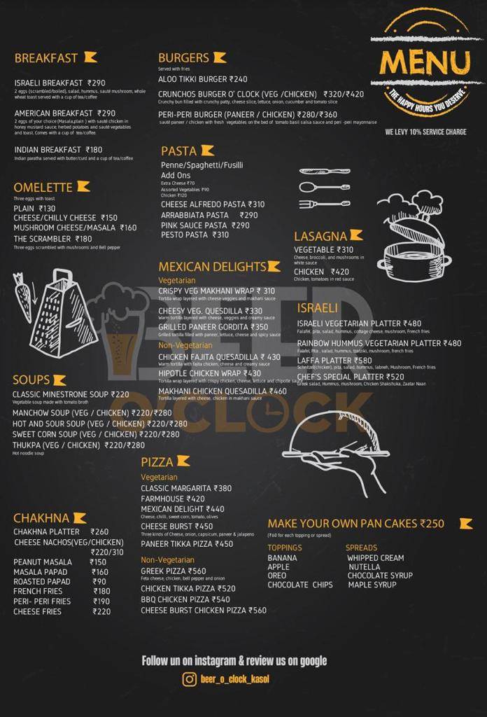 Beer o' clock cafe and bar menu