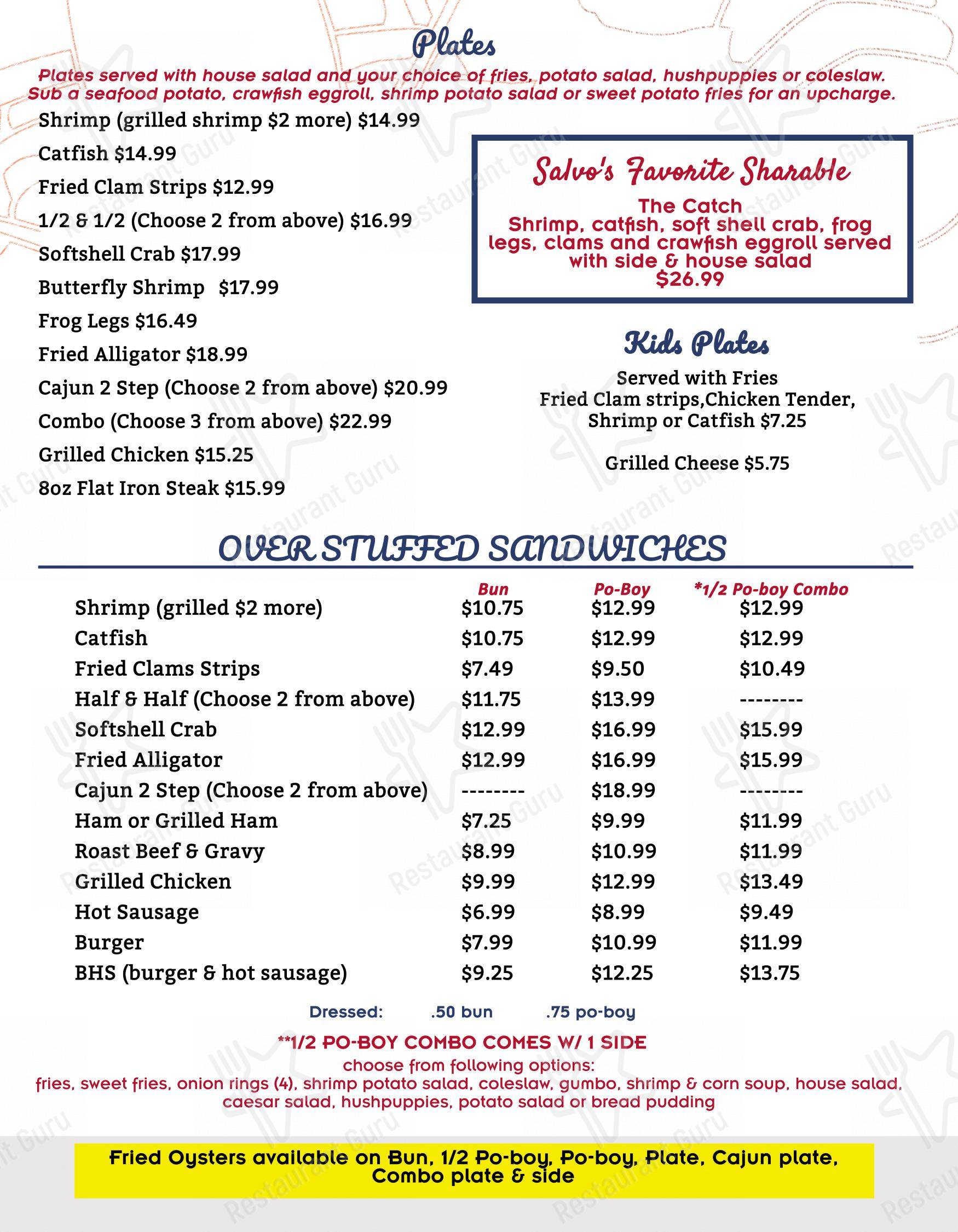 Menu at Salvo's Seafood restaurant, Belle Chasse