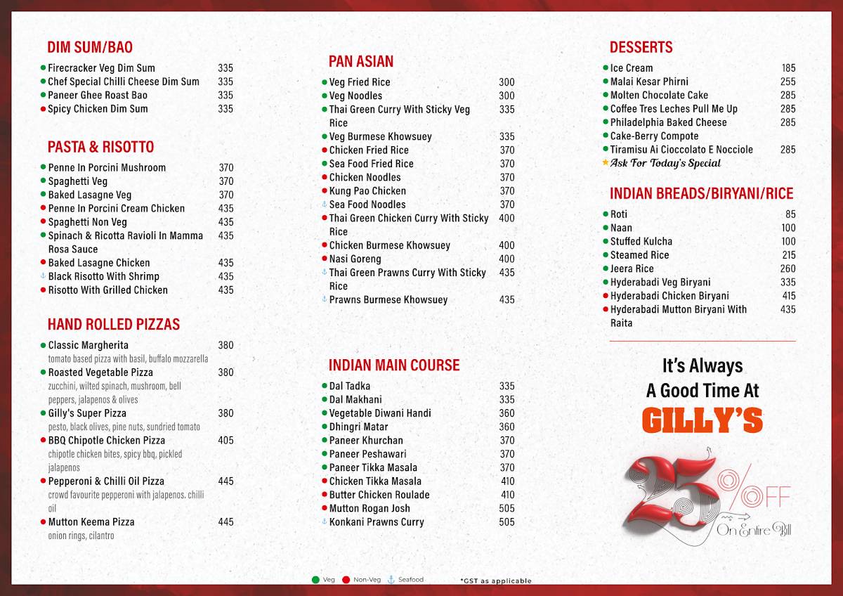 Gilly's Super Bar menu