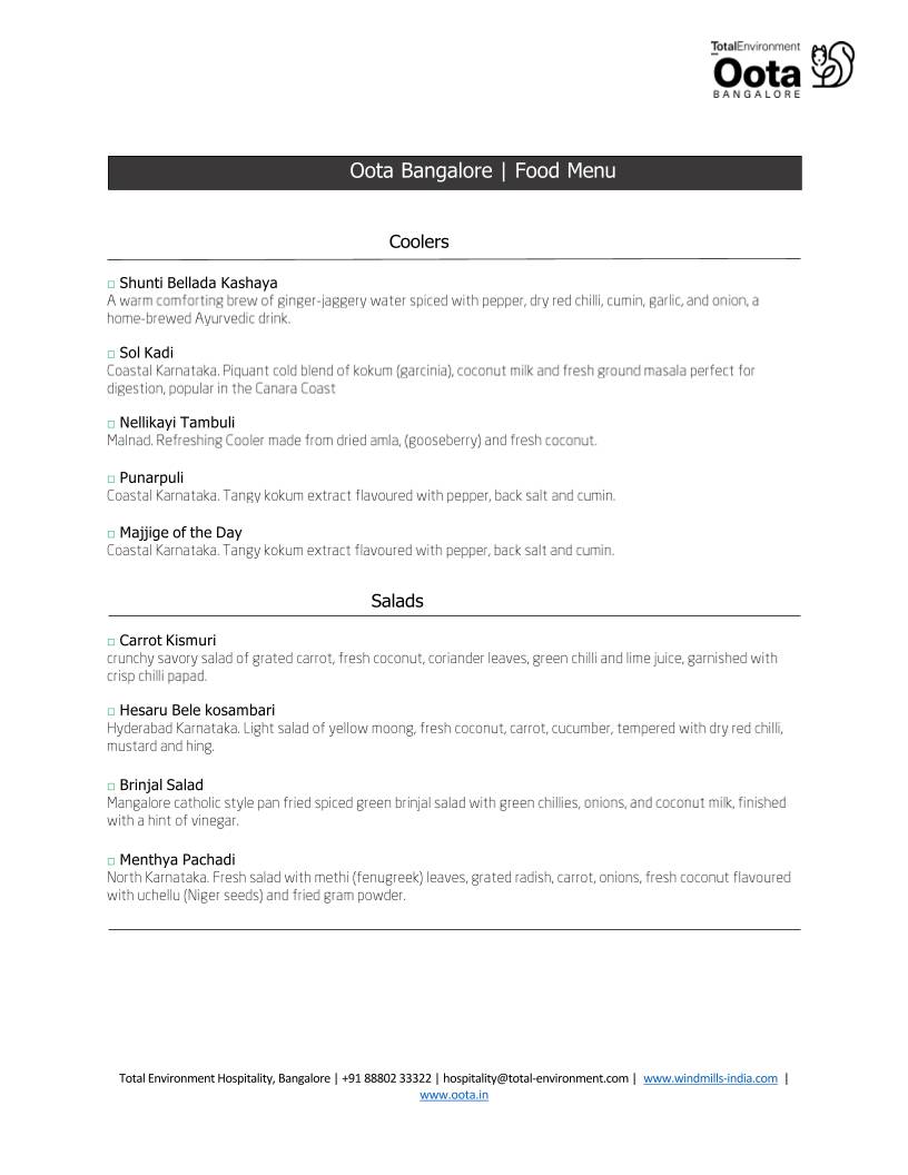 Oota Bangalore menu
