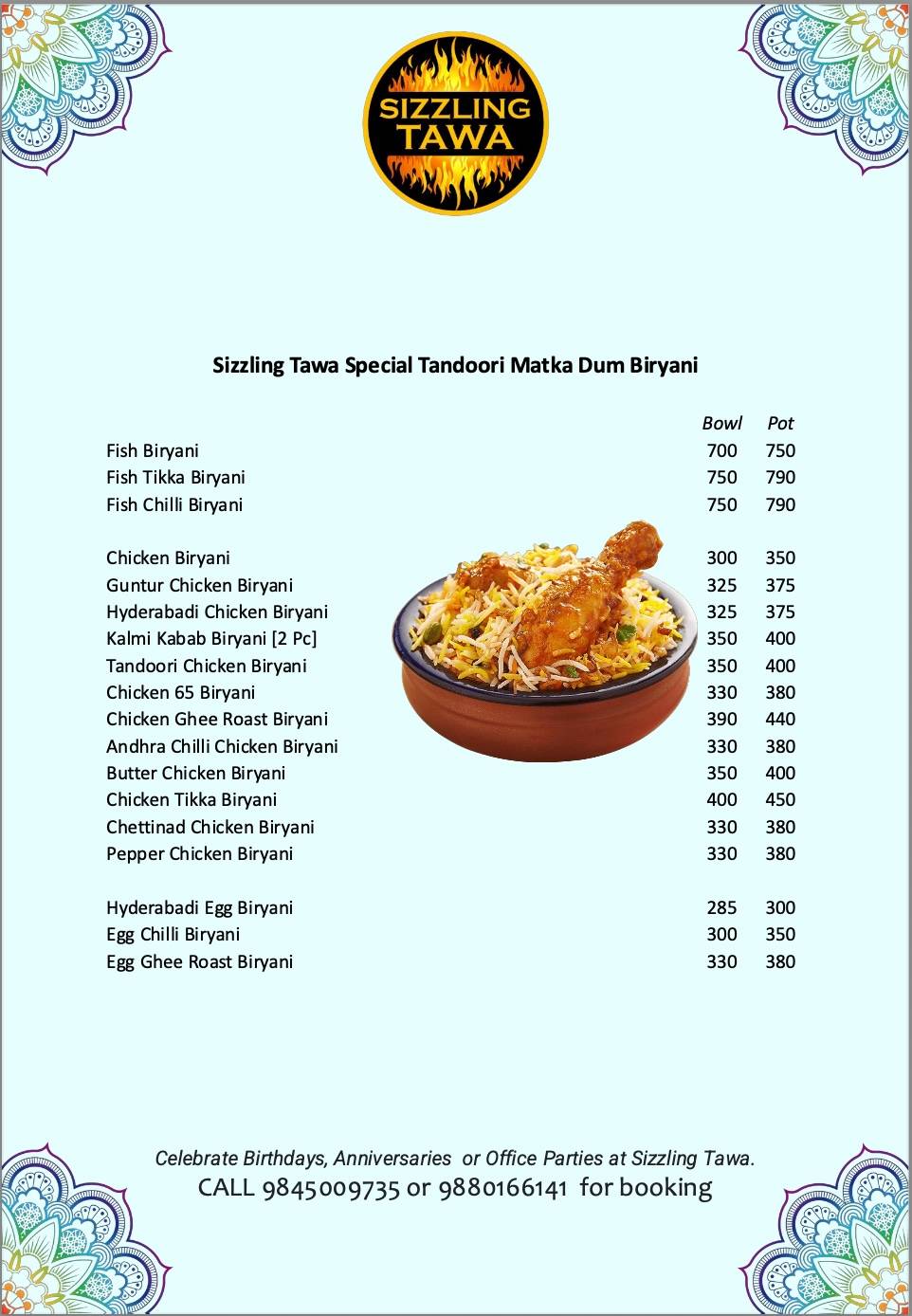 SIZZLING TAWA menu