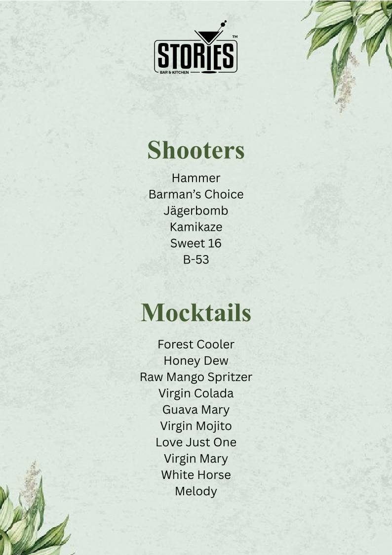Stories Bar & Kitchen - Rajajinagar menu