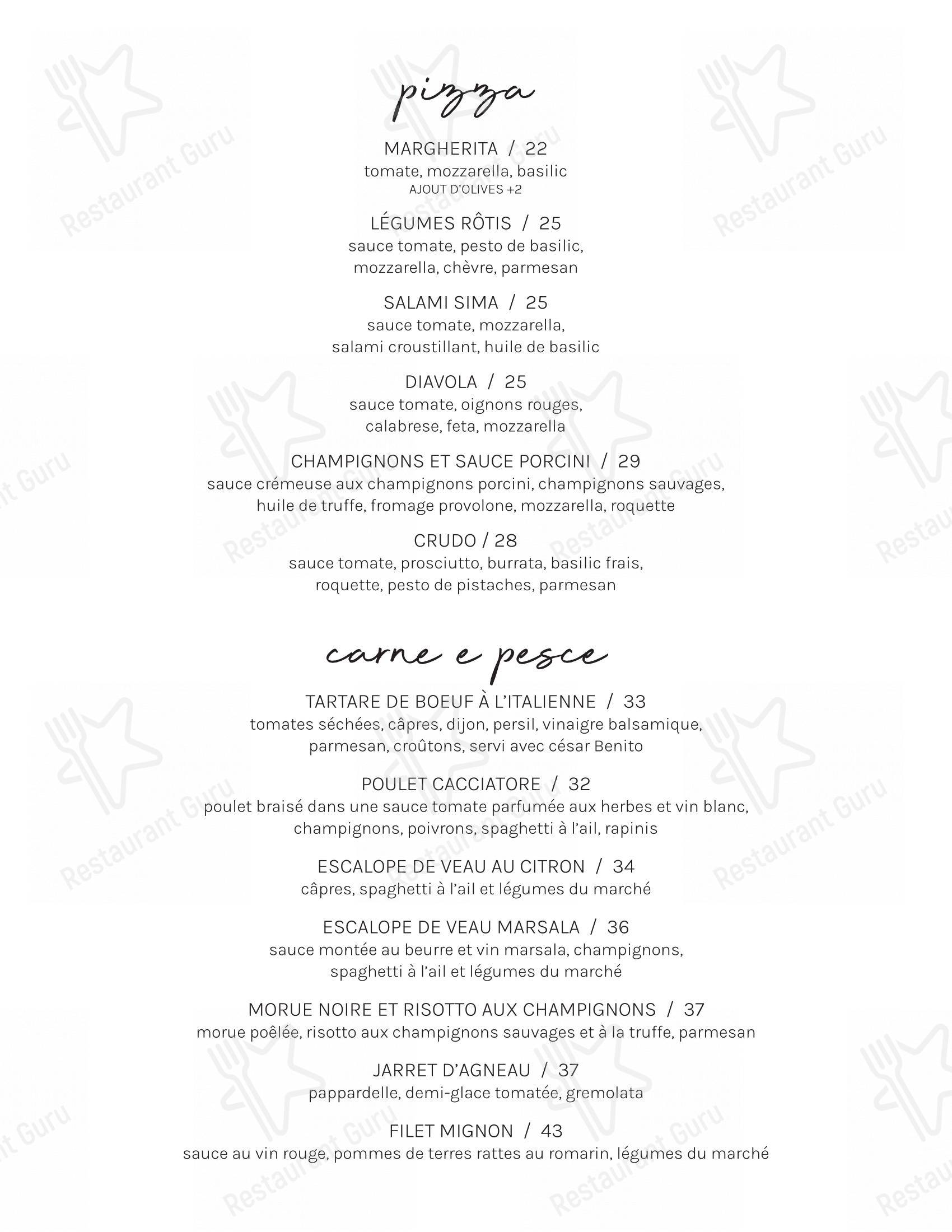 Menu bar pour Benito Bistro Italien restaurant
