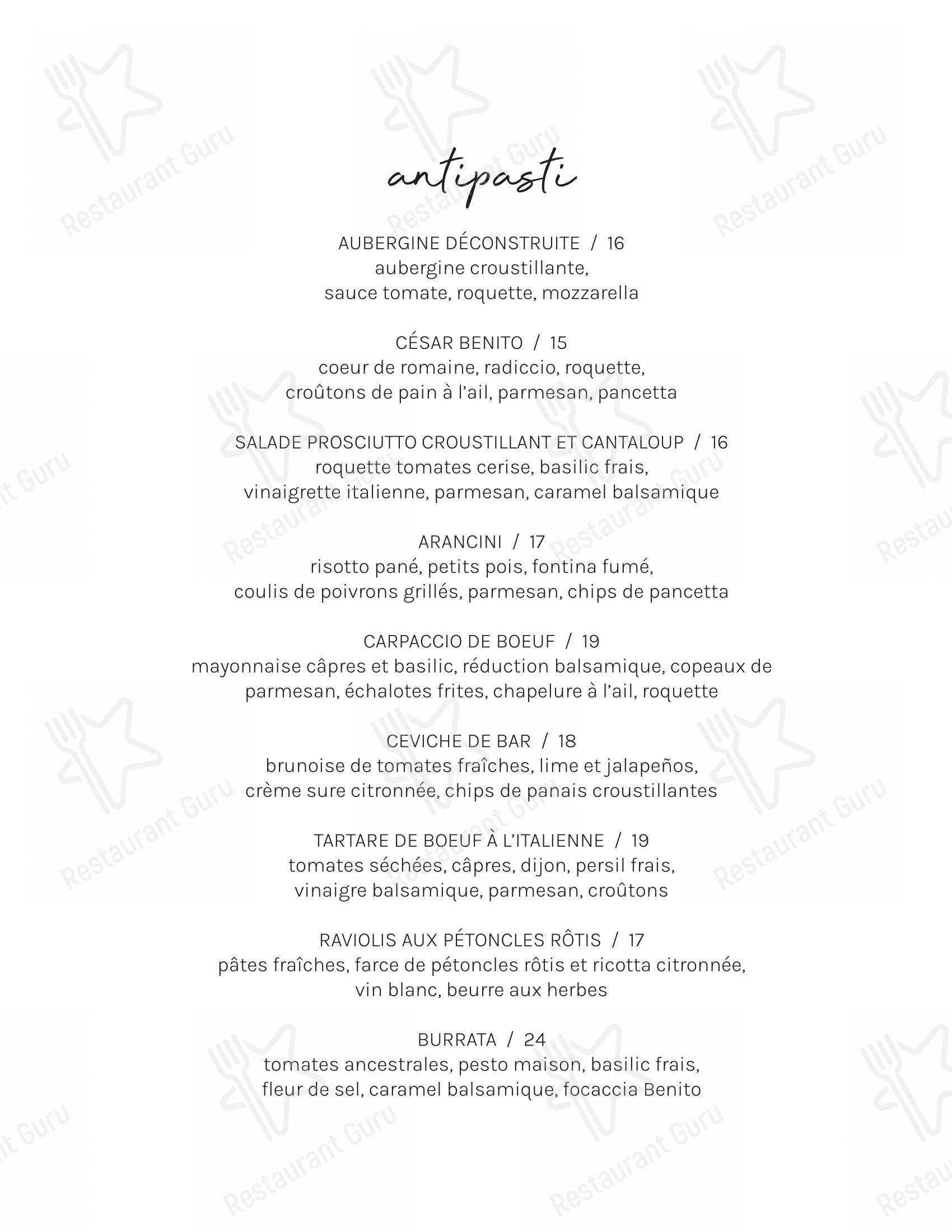 Menu bar pour Benito Bistro Italien dans Magog