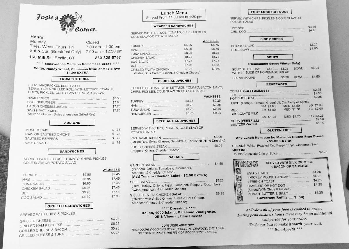 Menu At Josie s Corner Restaurant Berlin menu-at-josie-s-corner-restaurant-berlin