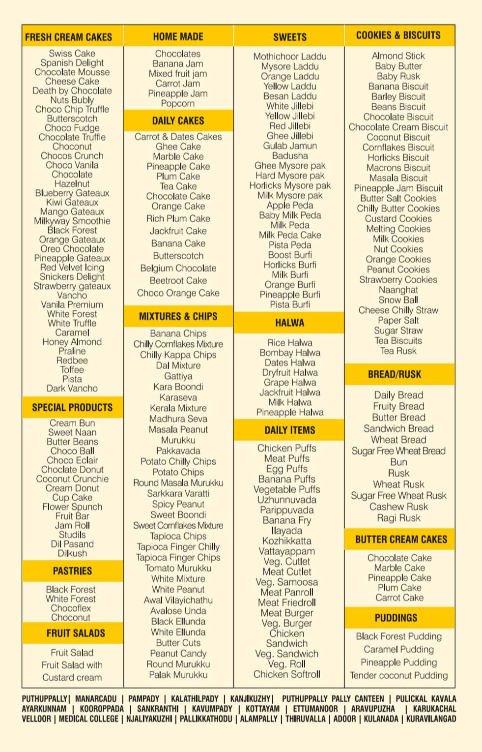 Best Bakers Manimala menu