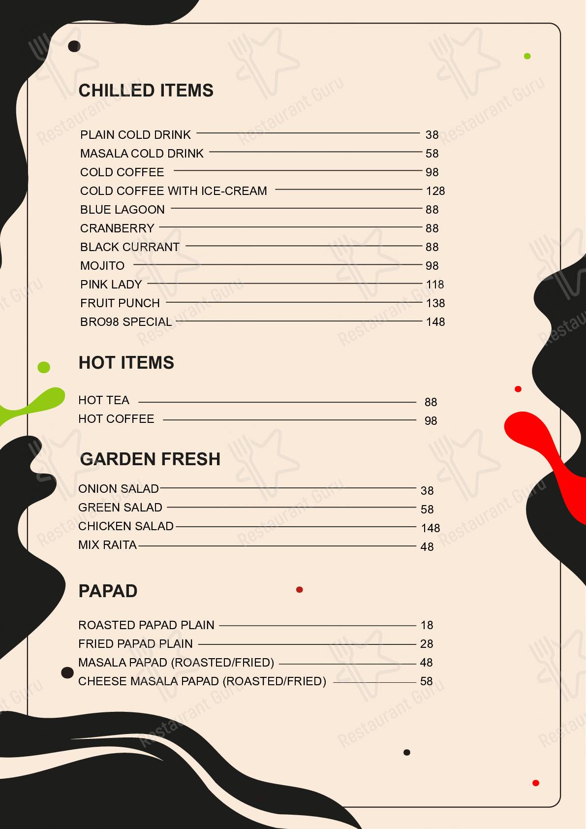 Check out the menu for Broo98 Cafe & Restro