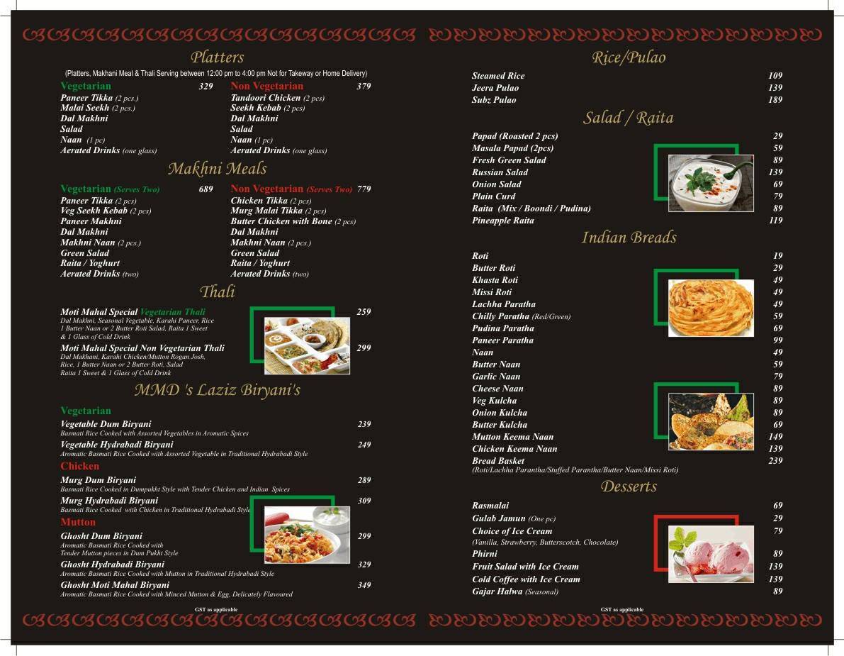 Moti Mahal Delux menu