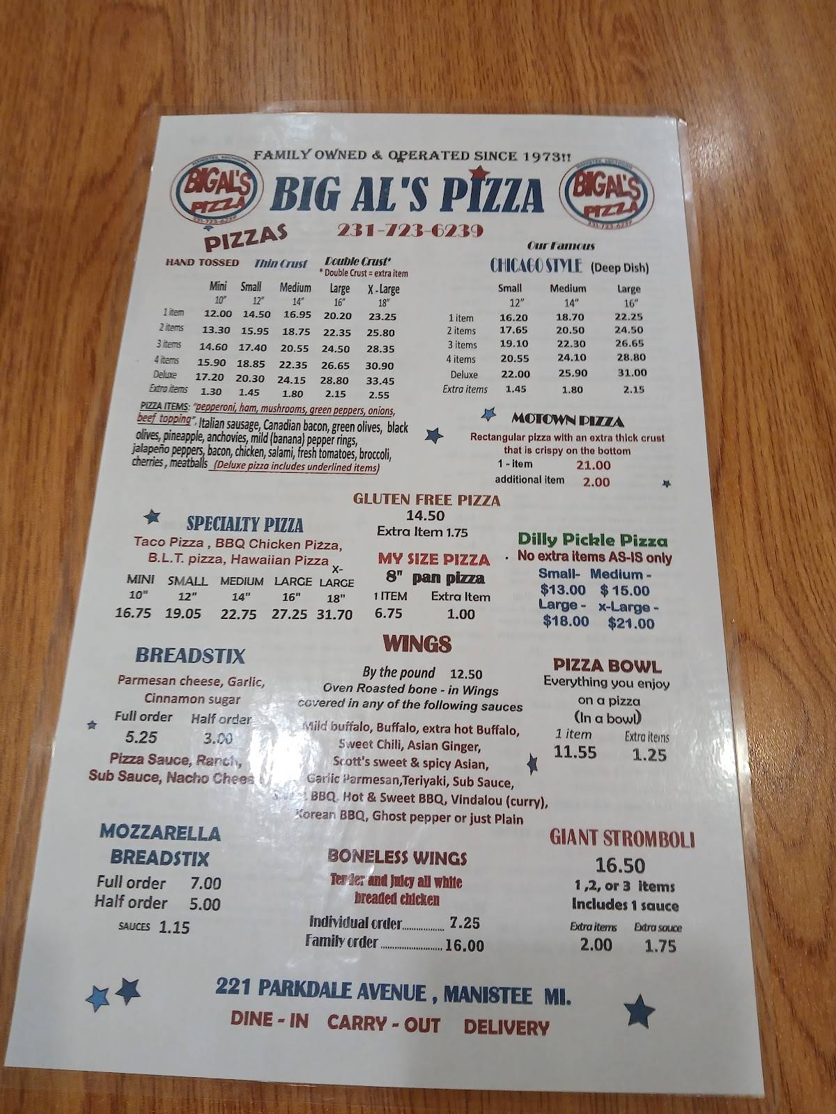 Menu at Big Al'S Pizza pizzeria, Manistee