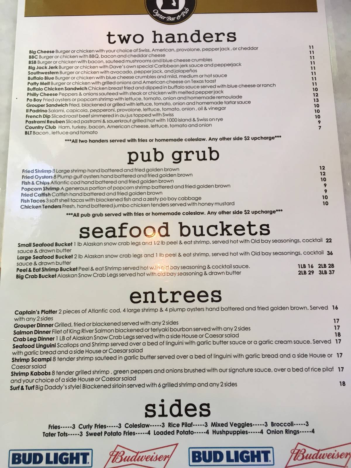 Menu at Big Daddy’s Oyster Bar, Peachtree City