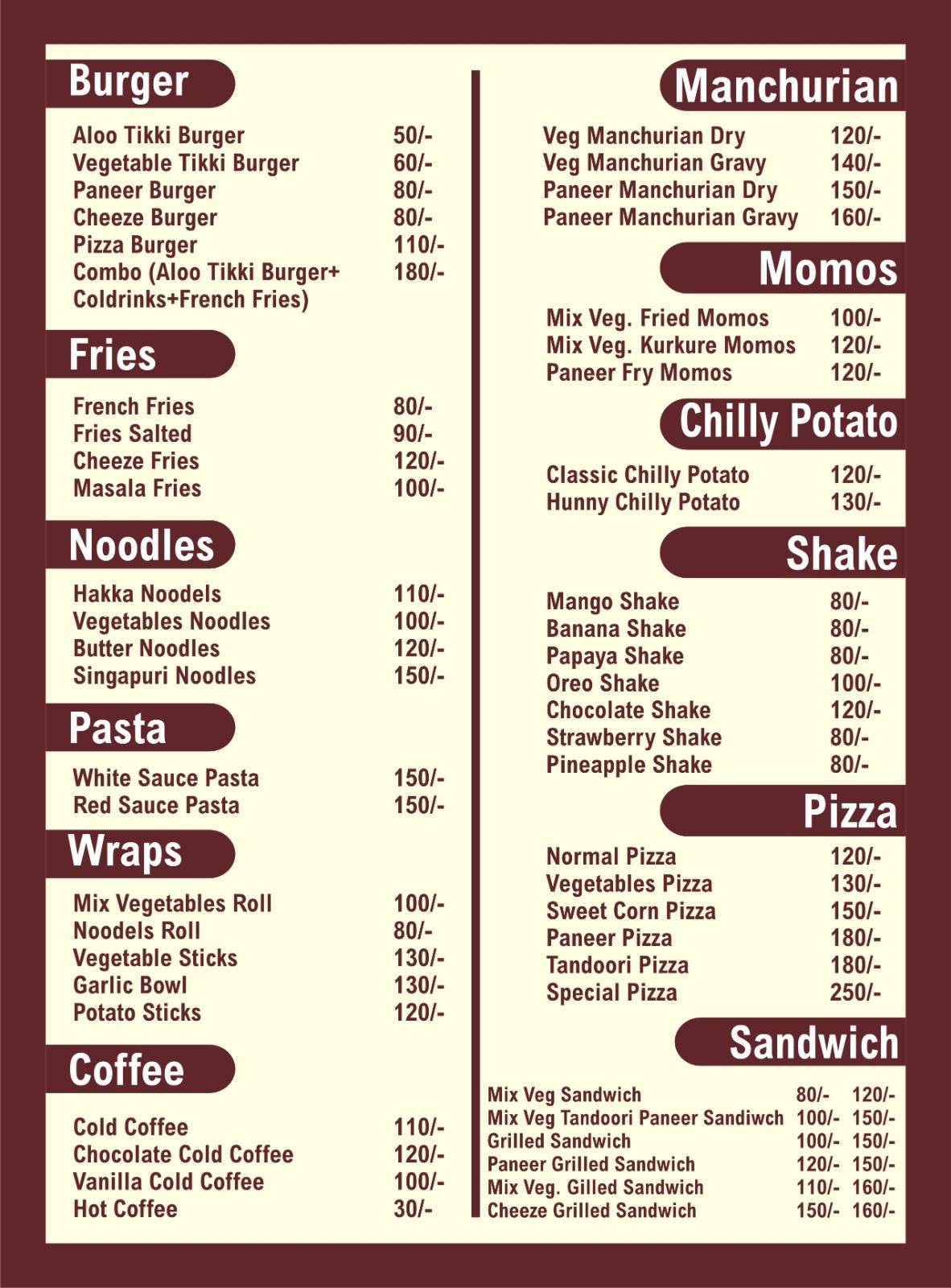 Big boy Cafe menu