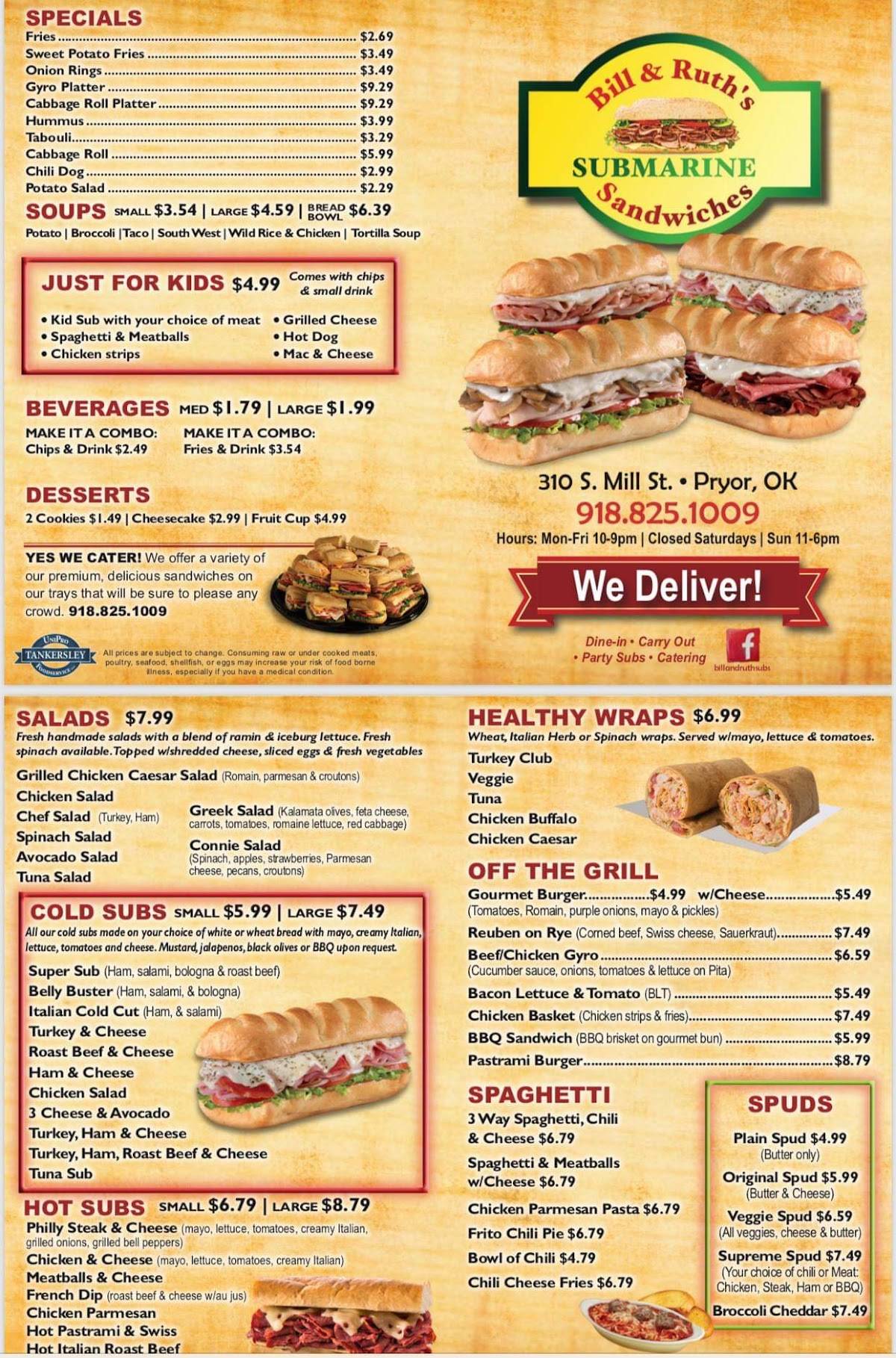 Menu at Bill & Ruth's Subs and Burgers Pryor restaurant, Pryor