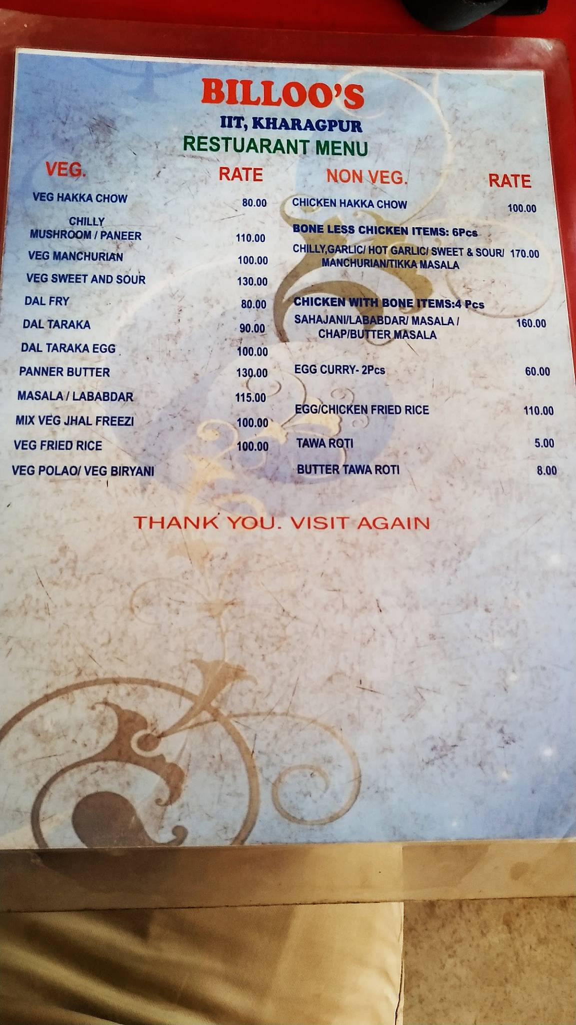 Billoo's Restaurant menu
