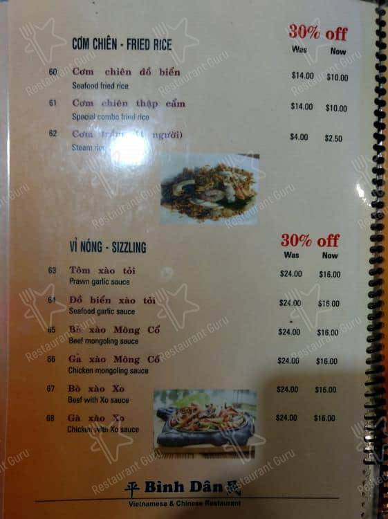 Binh Dan menu