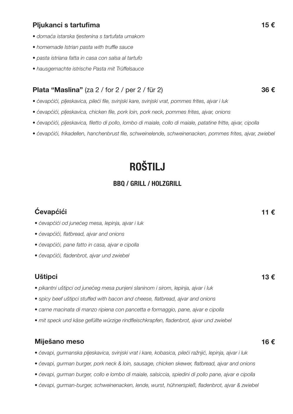 Menu di Bistro Mala Maslina 