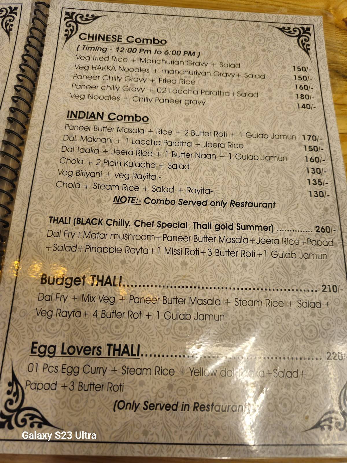 Black Chilly Family Restaurant menu