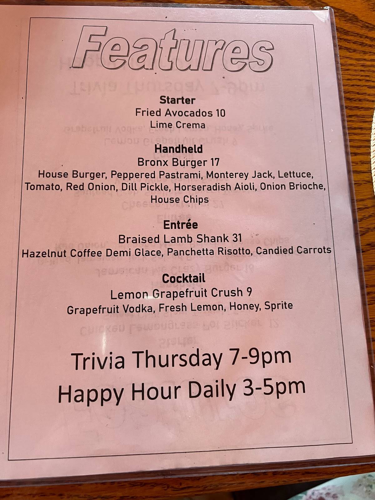 Menu at Blue Bird Inn restaurant, Lebanon