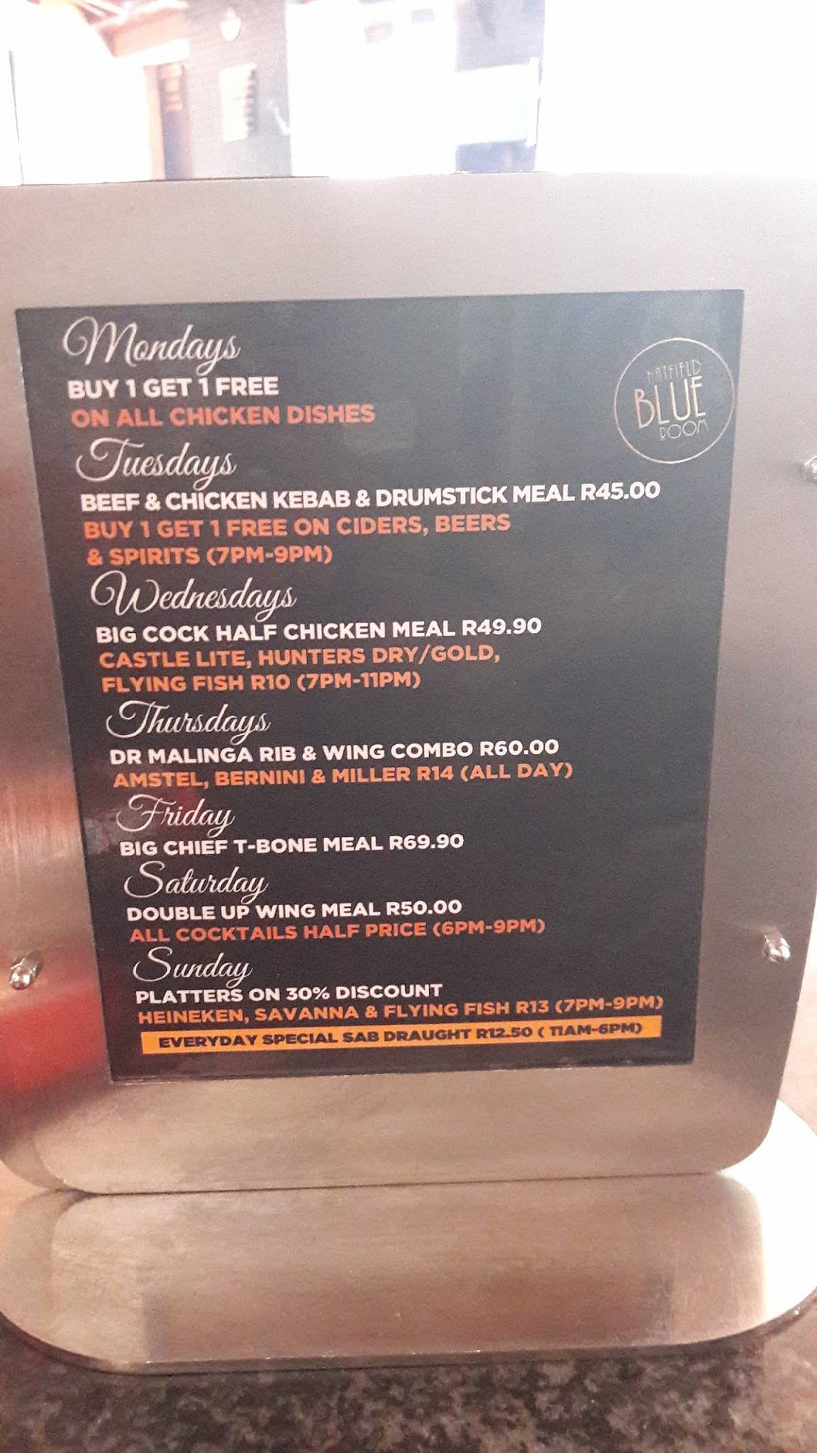 Menu at Blue Room Hatfield pub & bar, Pretoria, Arcadia St
