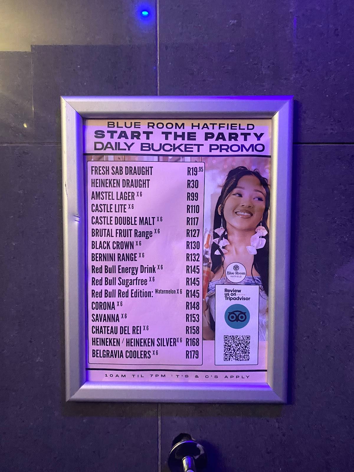 Menu at Blue Room Hatfield pub & bar, Pretoria, Arcadia St