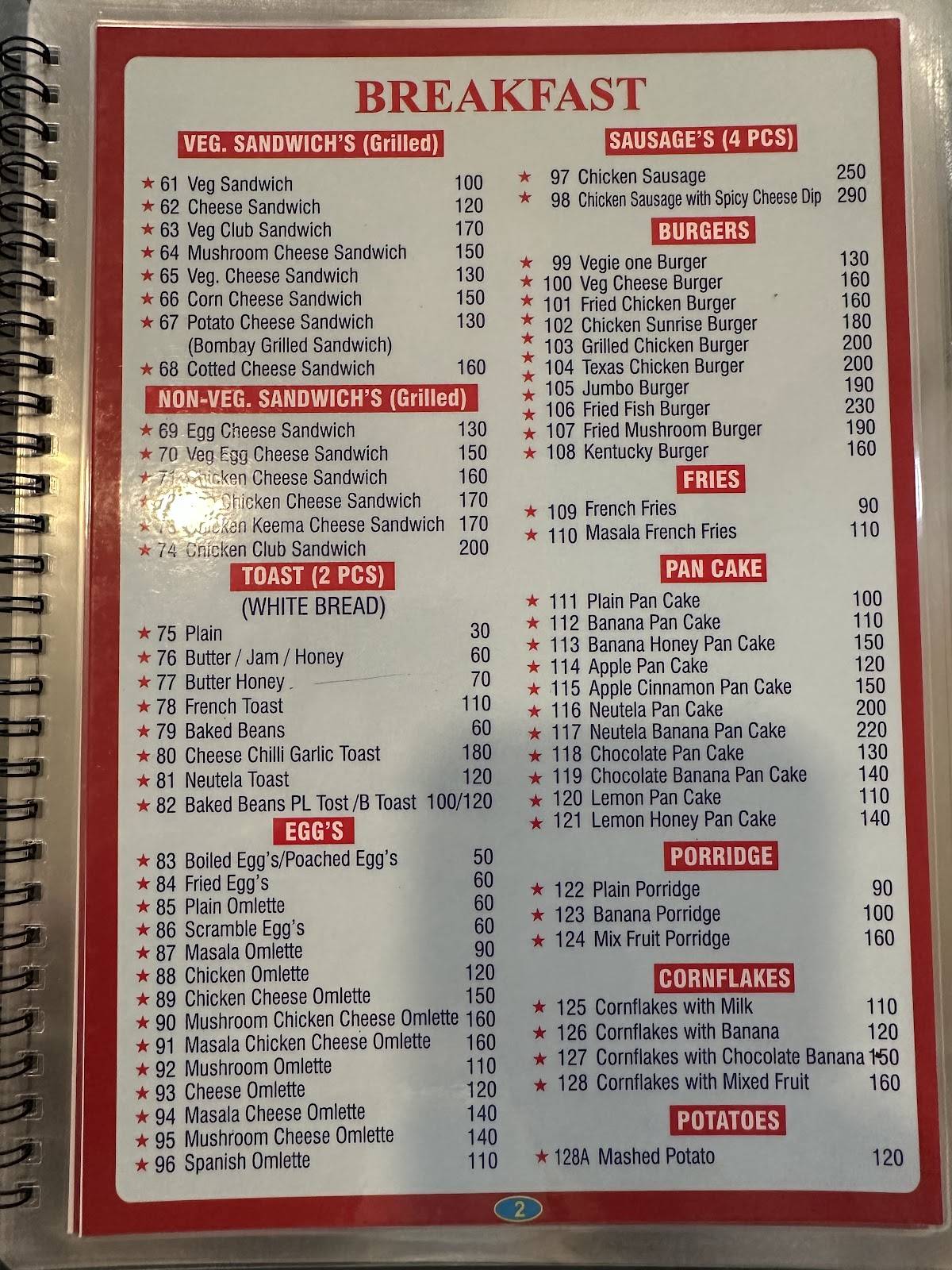 Blue Sky Cafe menu