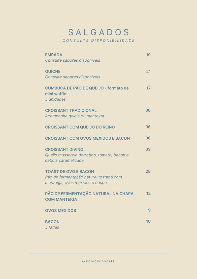 Bolo Divino Café cardápio