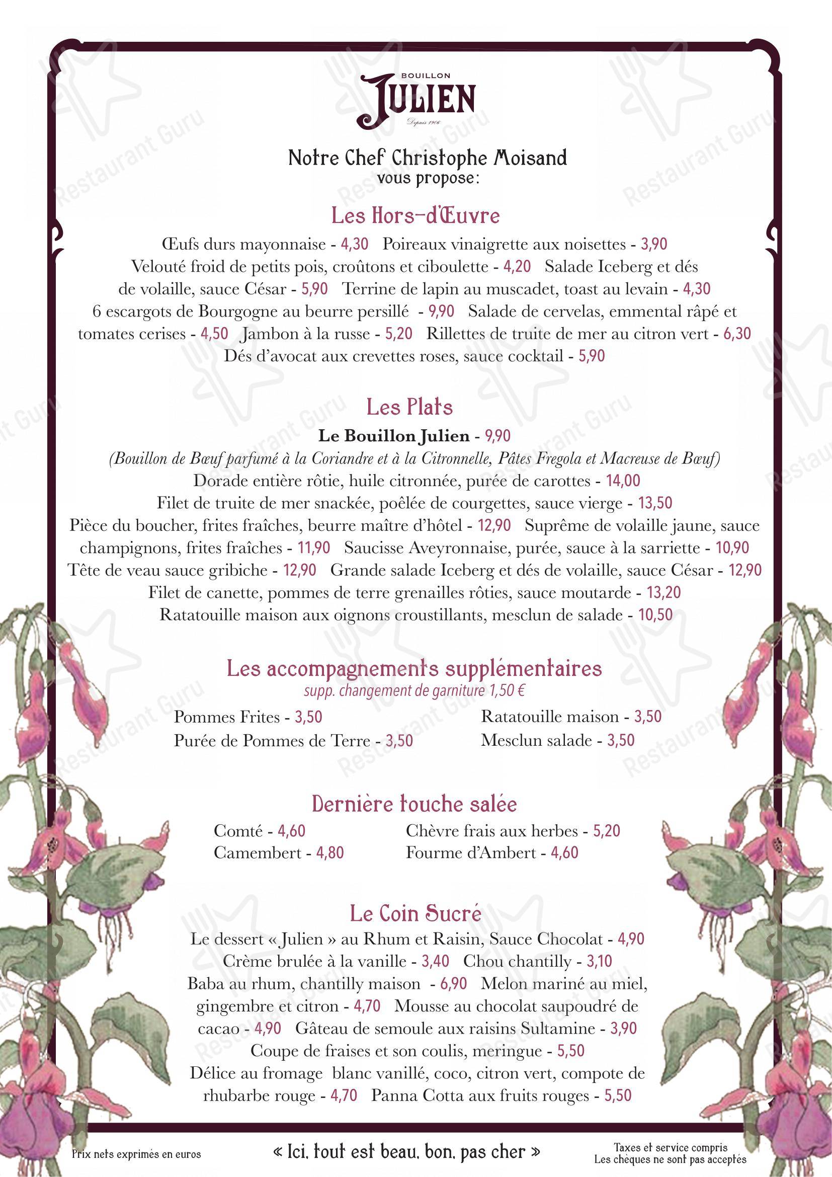 Menu pour Bouillon Julien restaurant