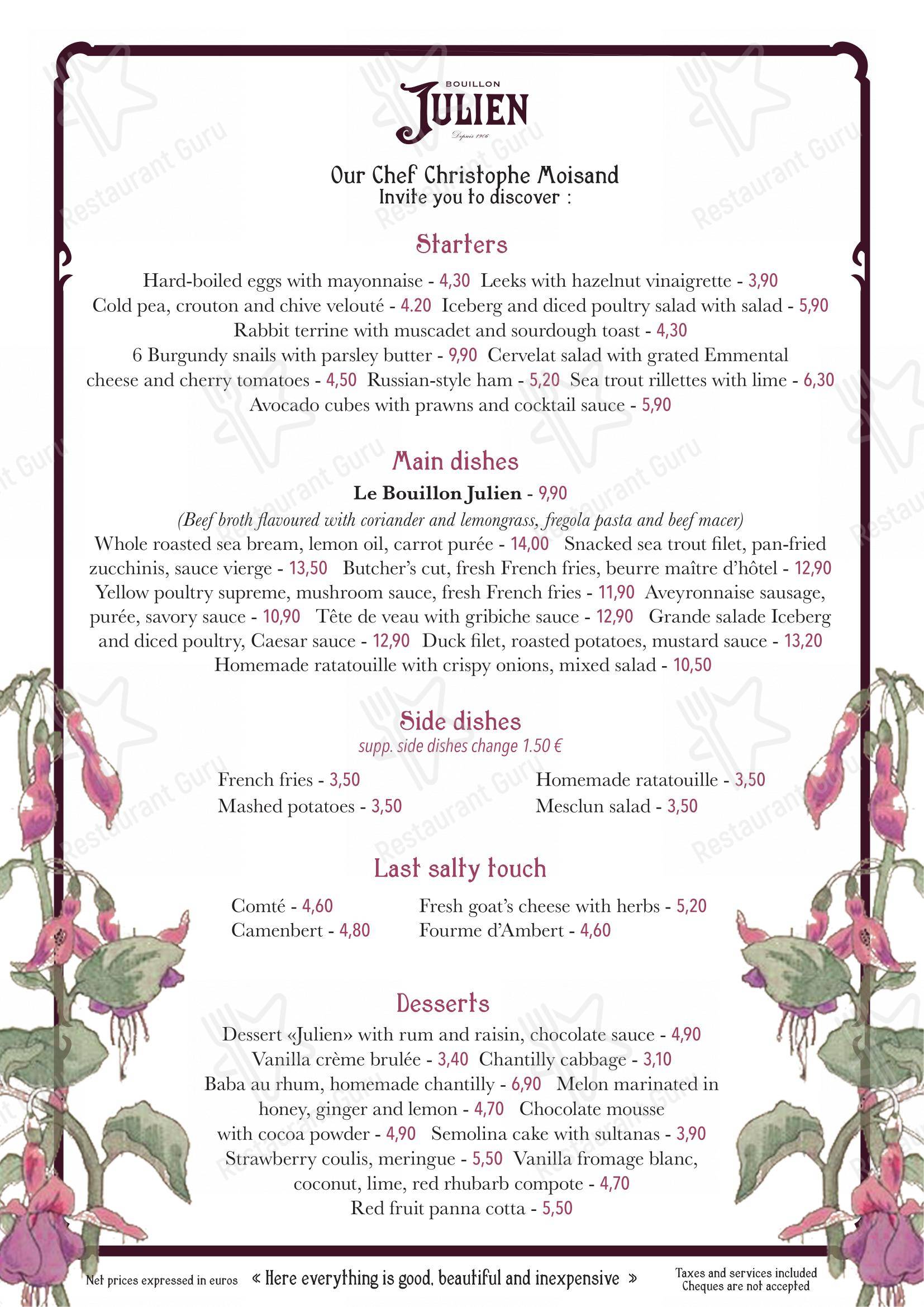 Bouillon Julien dans Paris - Menu