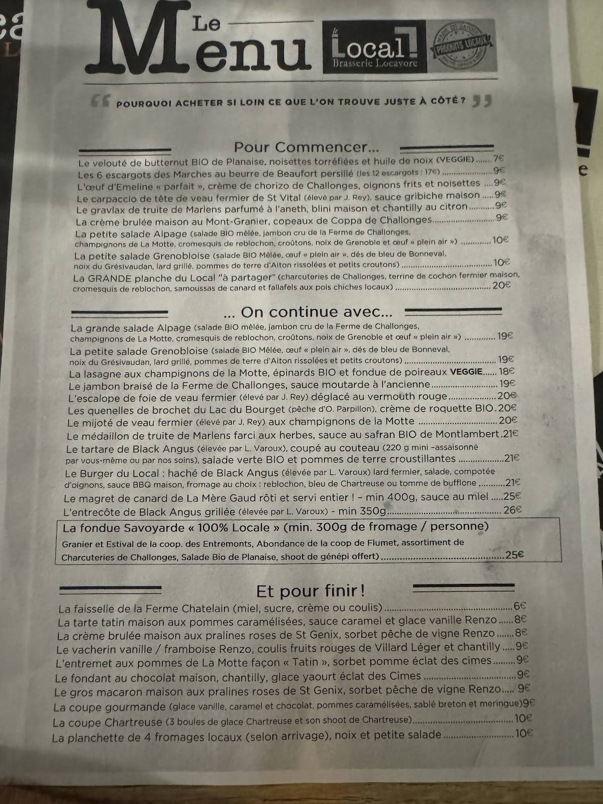 Menu de Brasserie Le Local