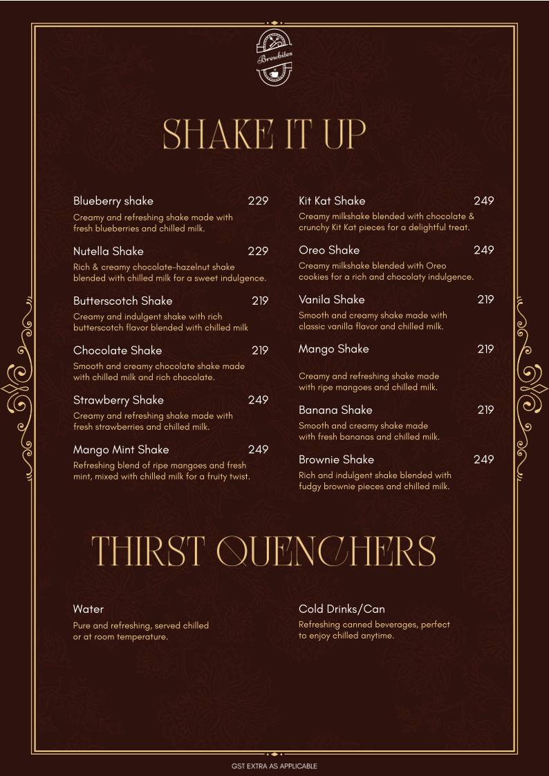 Brewbites café & Restaurant menu