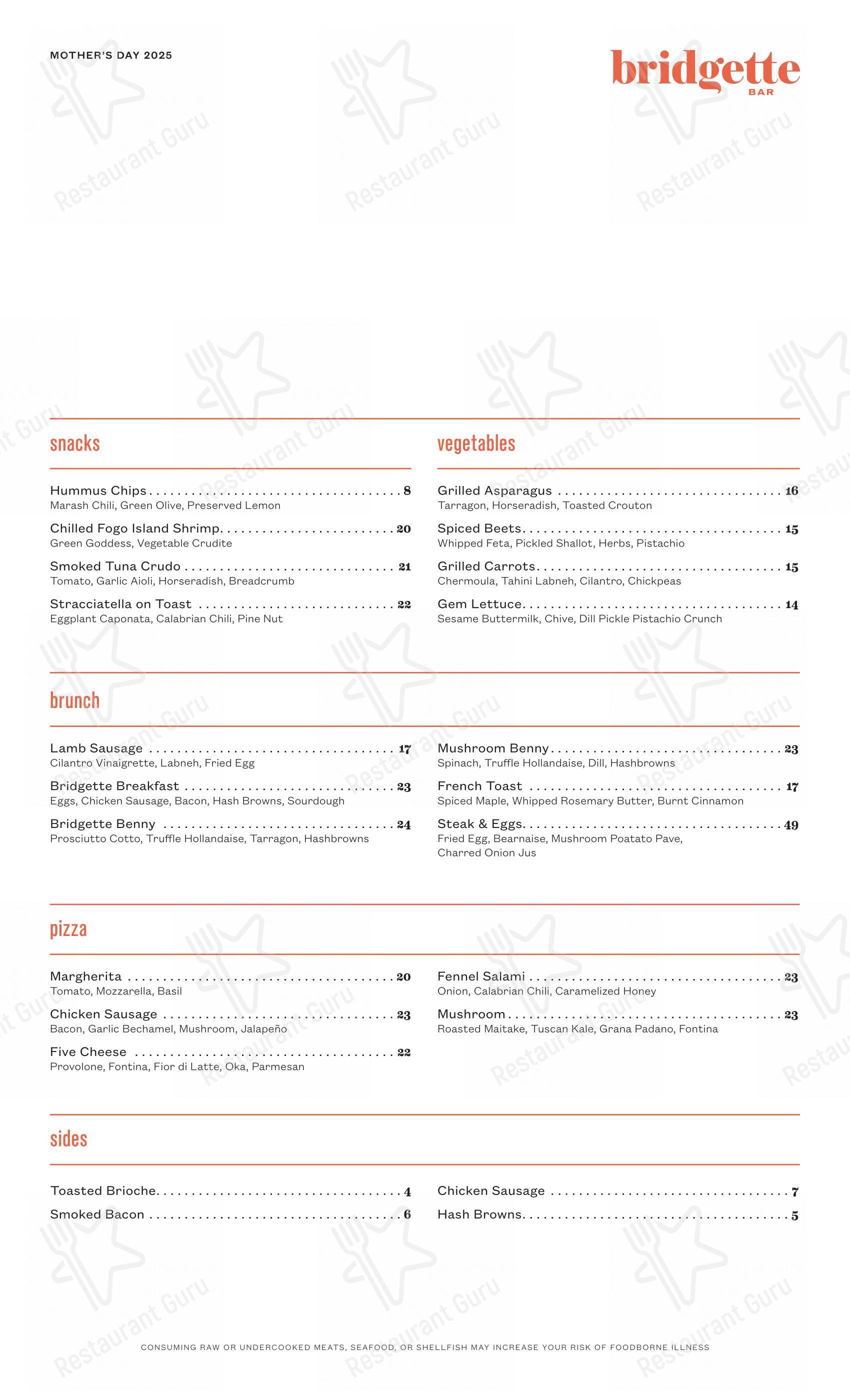 Menu pour Bridgette Bar - repas et boissons