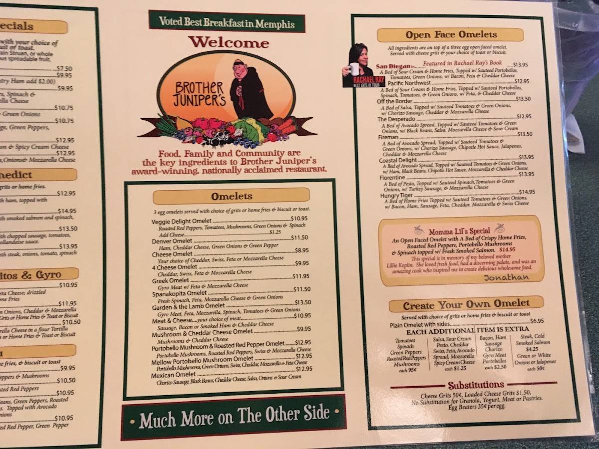 Menu at Brother Juniper's restaurant, Memphis
