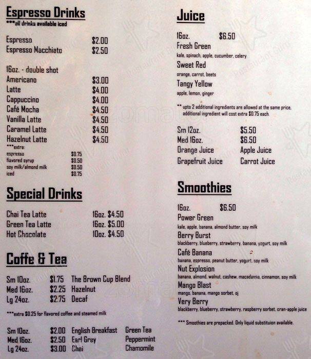 JJ Brown Cup menu