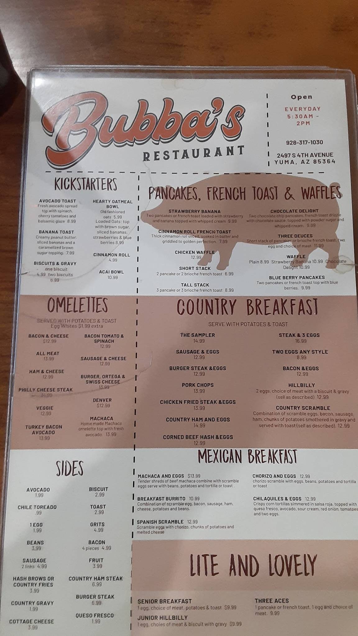 Menu at Bubba's Restaurant, Yuma