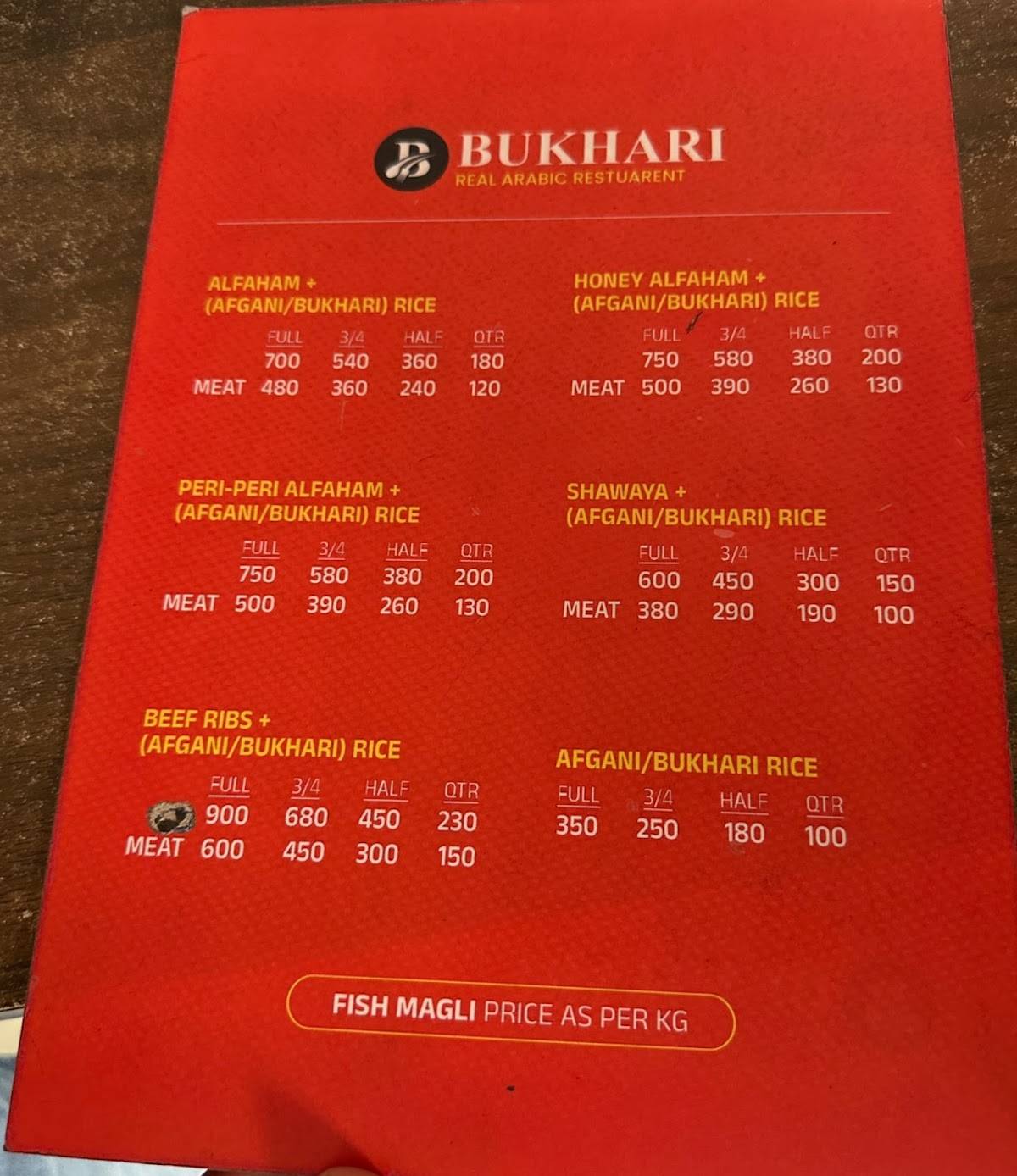 Bukhari Restaurant menu