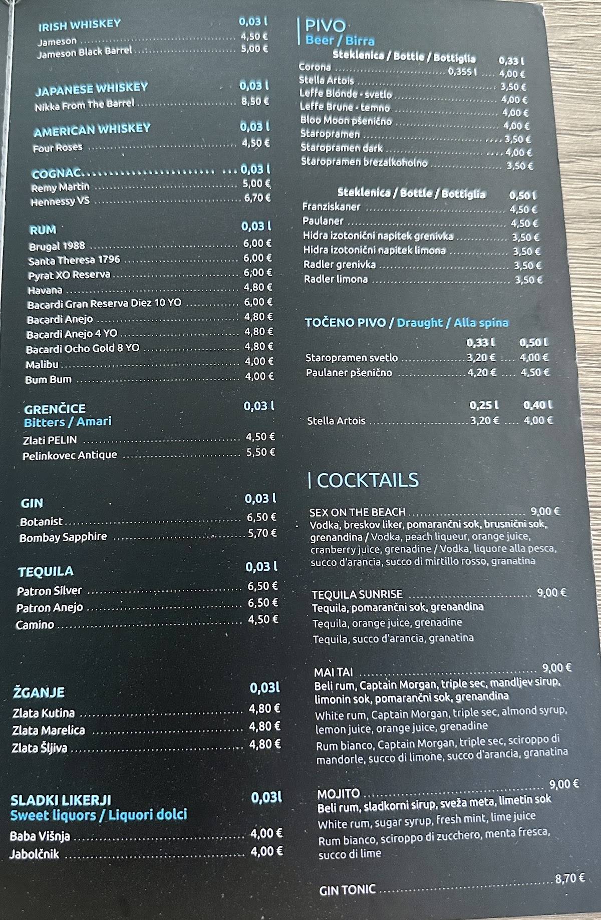 Menu di Bungalow Portorož 