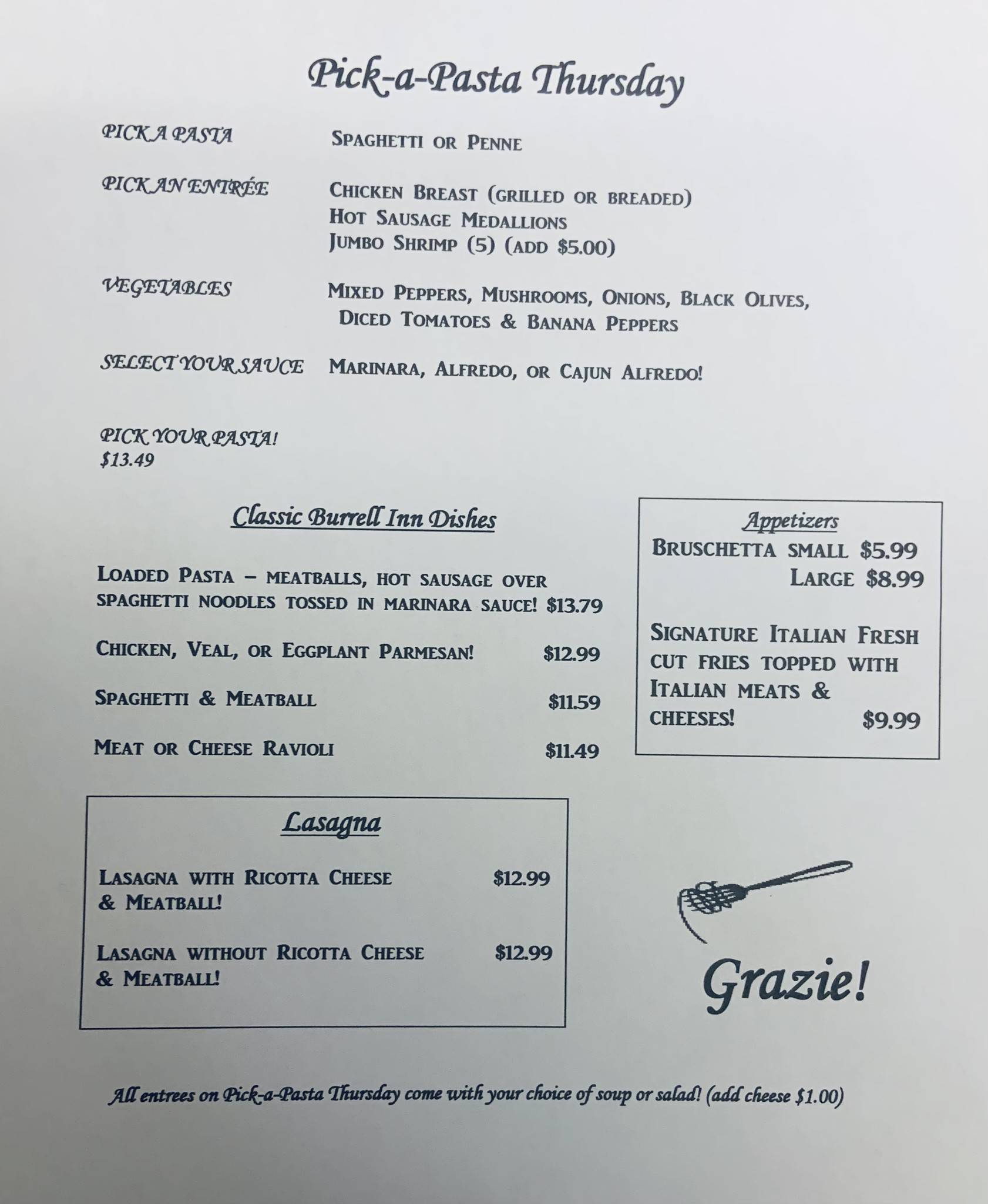 Menu at Burrell Inn restaurant, Lower Burrell