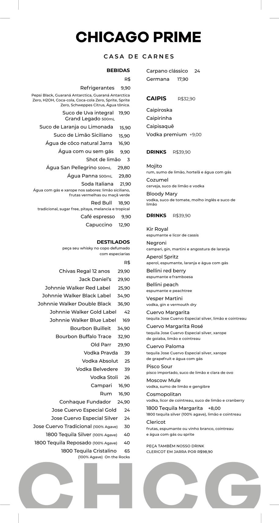 Chicago Prime Parrilla CHCG Lago Sul: Carnes, Delivery, Restaurante em Brasília cardápio