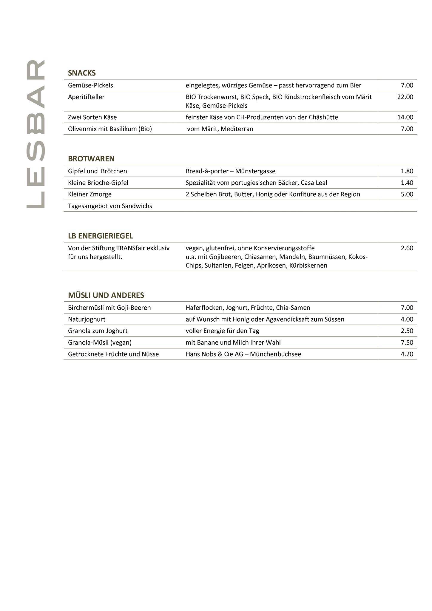 Menu di Café Lounge Lesbar 