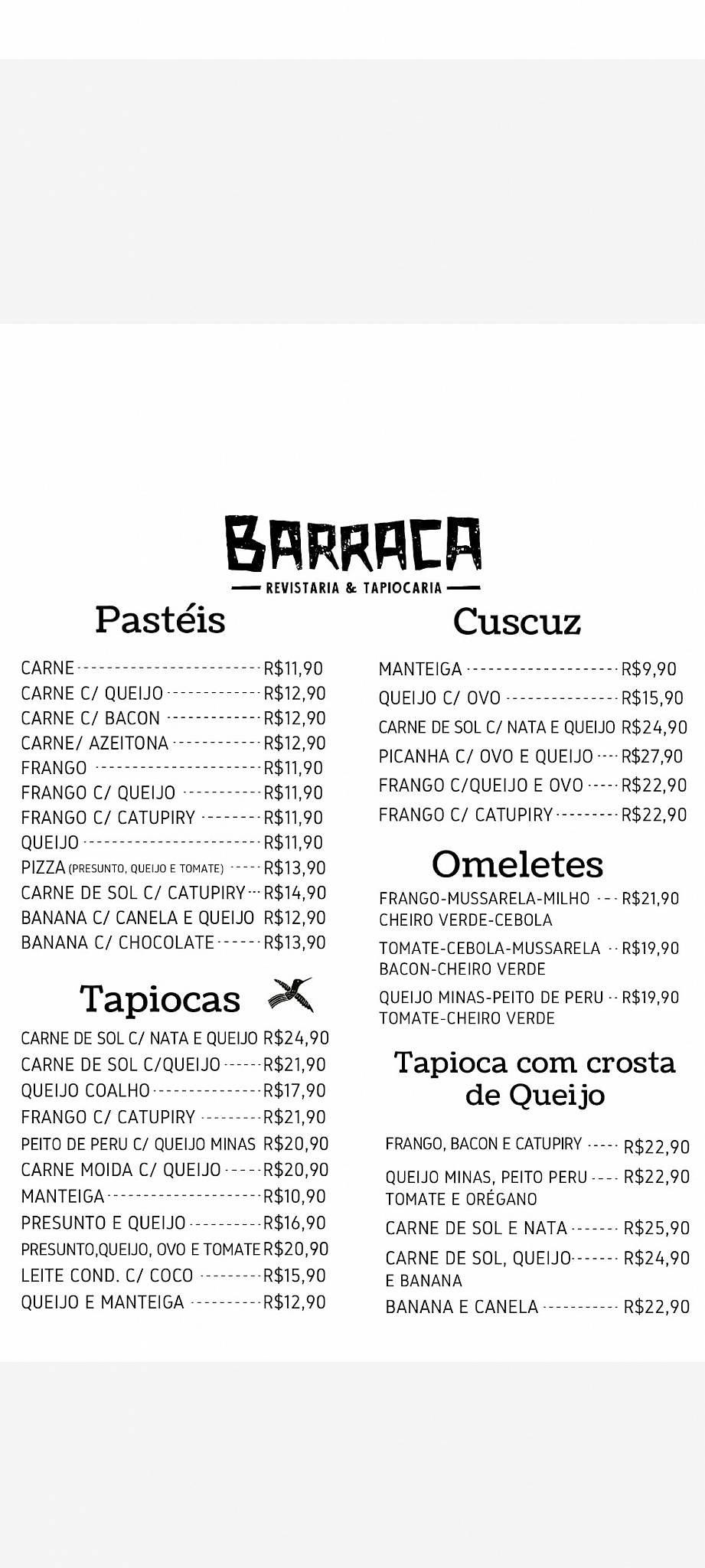 A Barraca cardápio