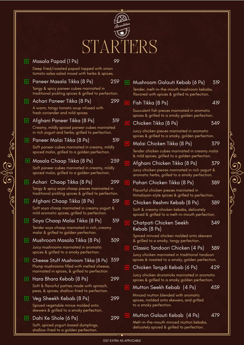Brewbites café & Restaurant menu