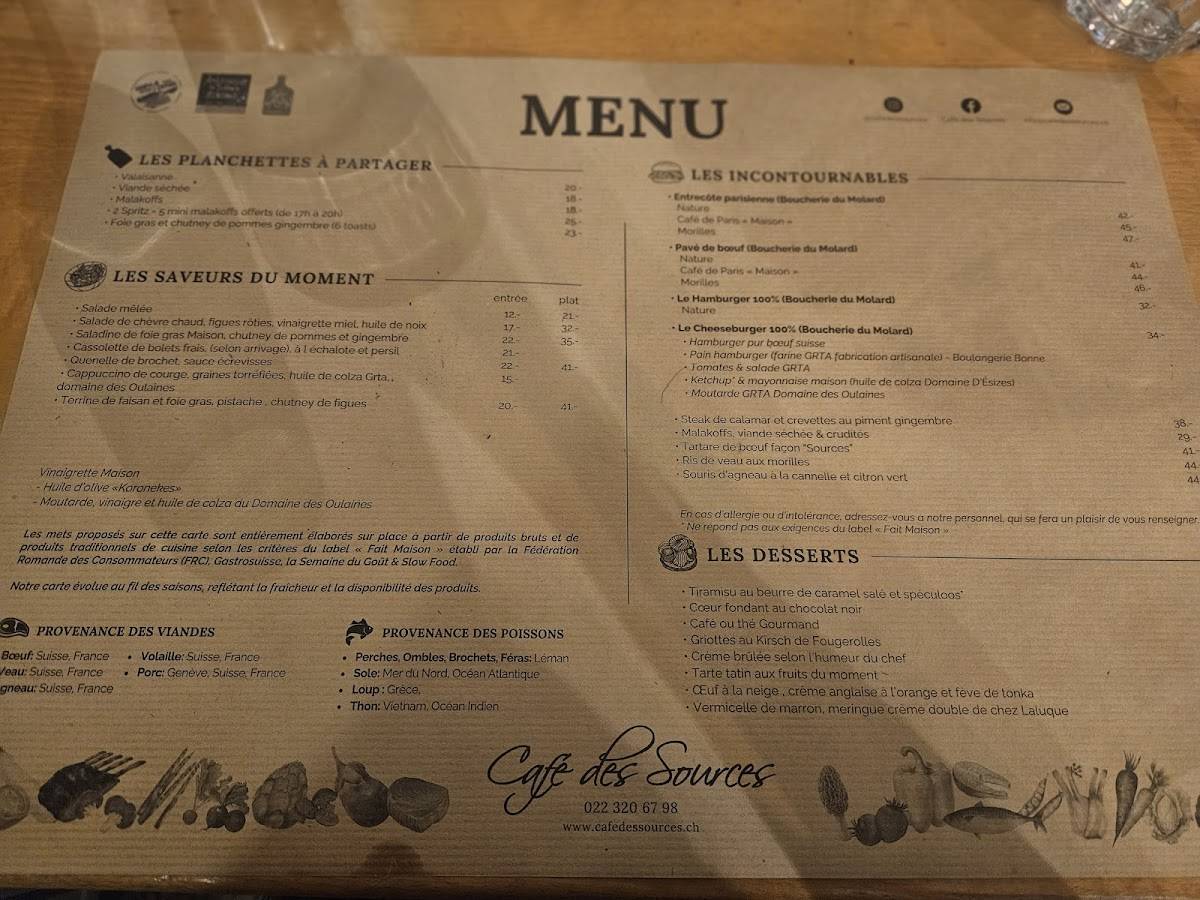 Menu di Café des Sources 