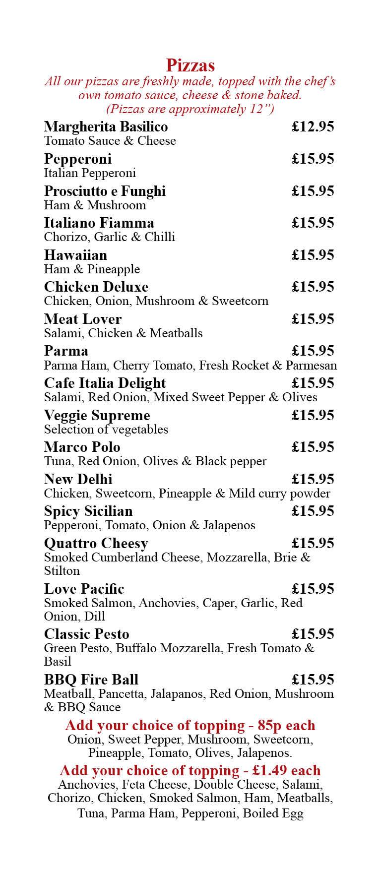 Menu at Cafe Italia, Windermere