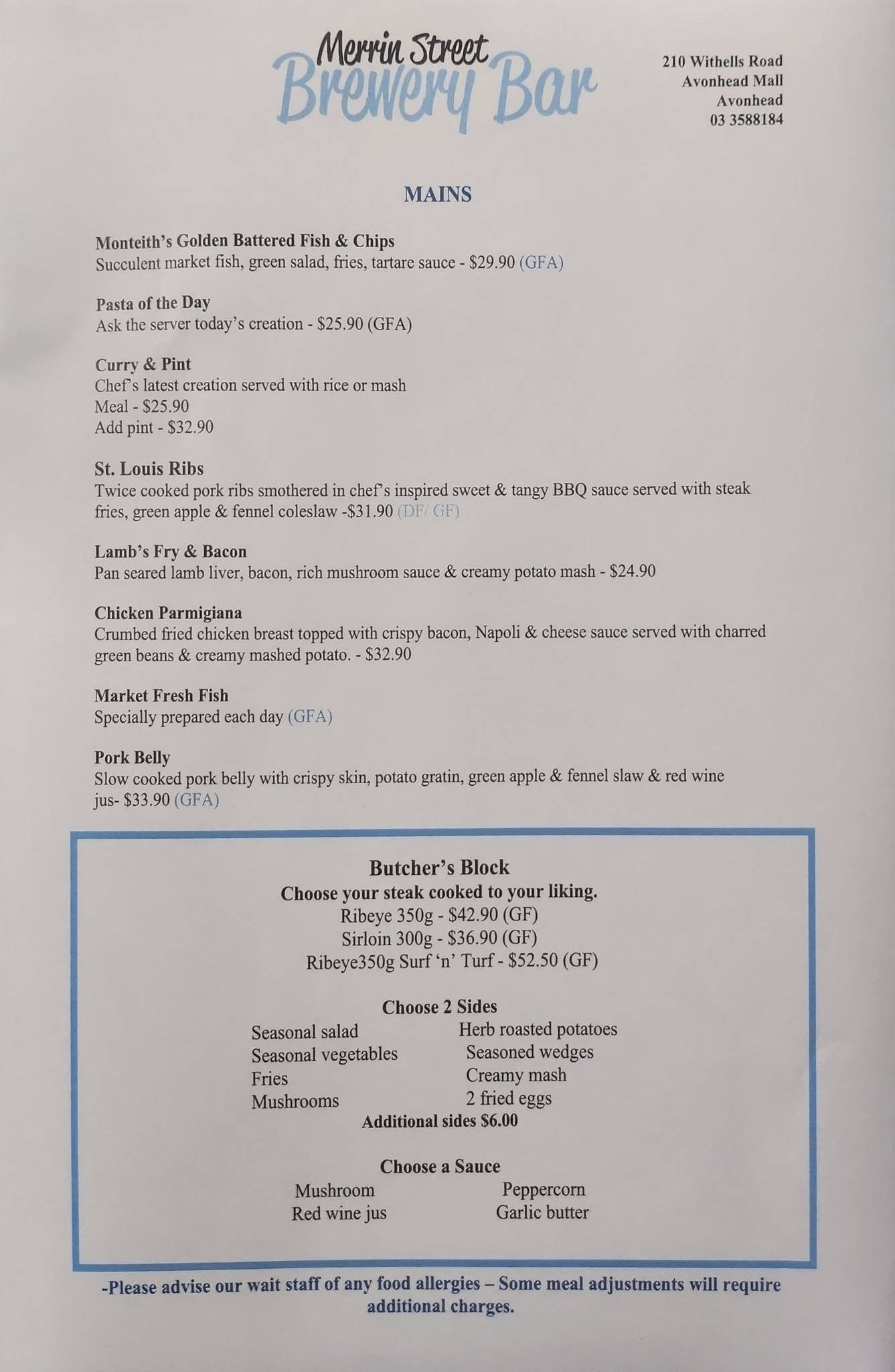 Menu At Merrin Street Brewery Bar, Christchurch