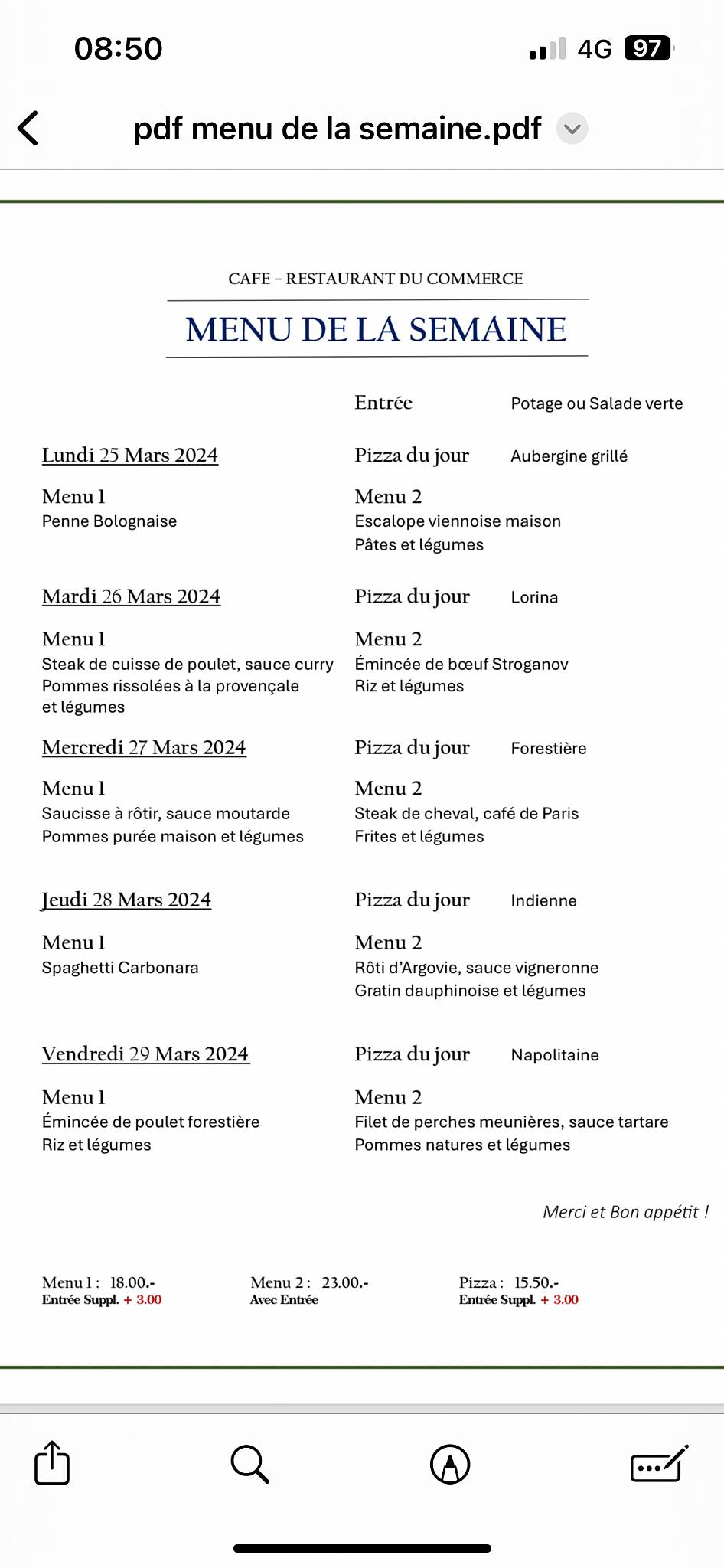 Menu di Café Restaurant du Commerce 