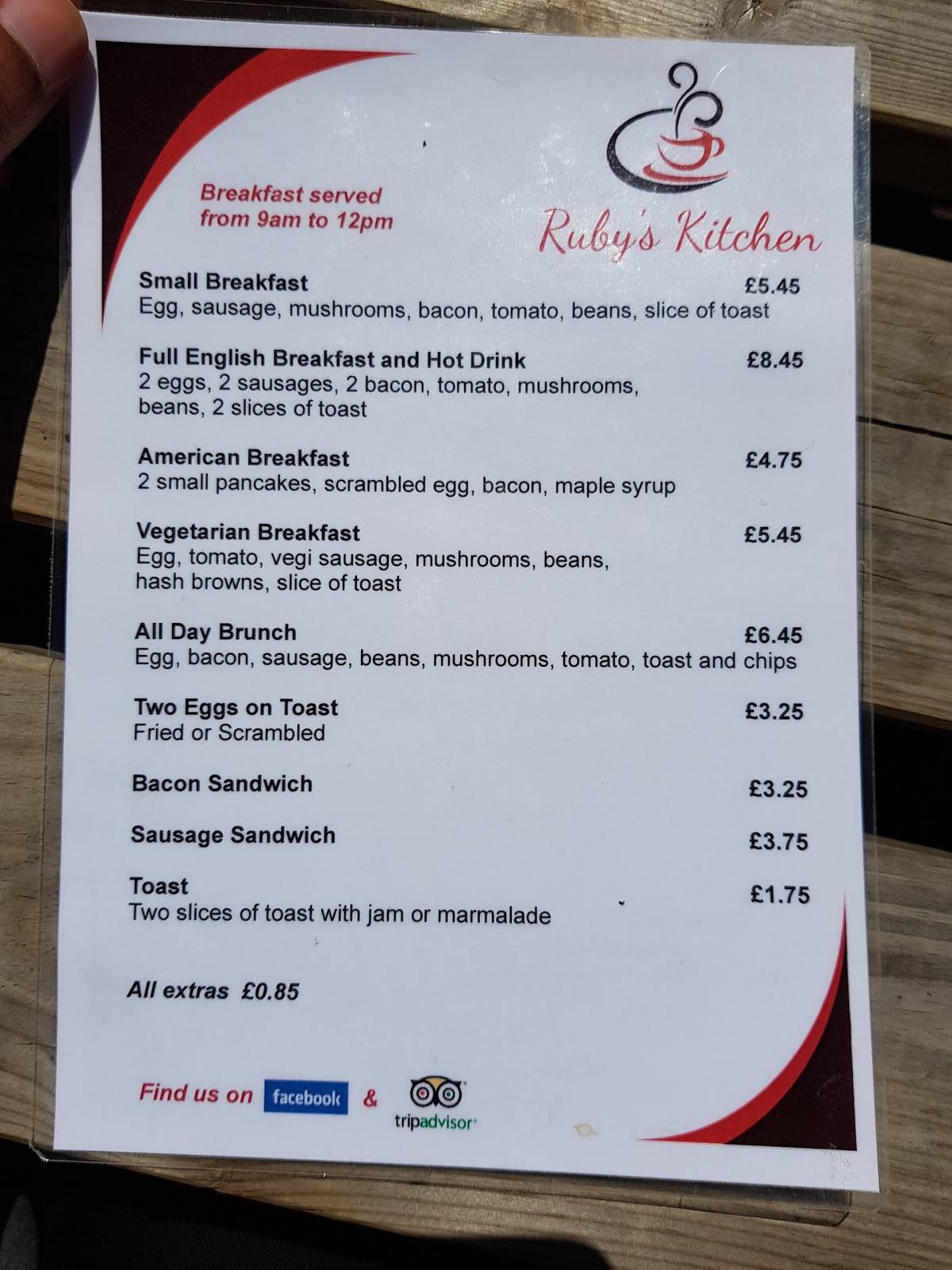 Menu at Ruby's Kitchen cafe, Felixstowe