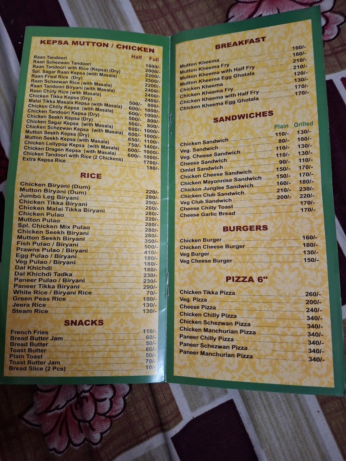 Cafe Sagar menu