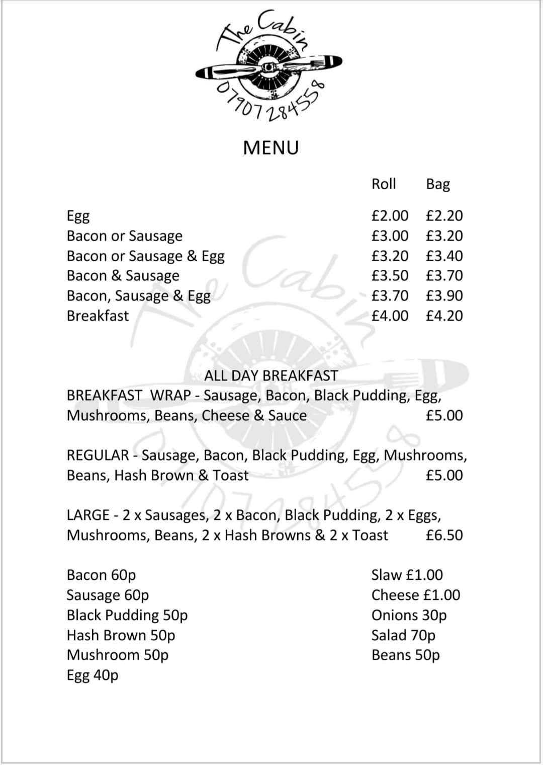 Menu at The Cabin, Aberteifi