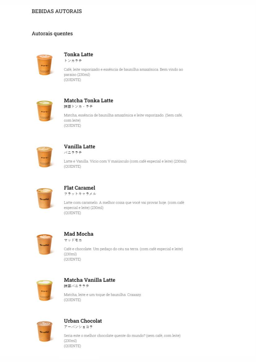 The Coffee cardápio