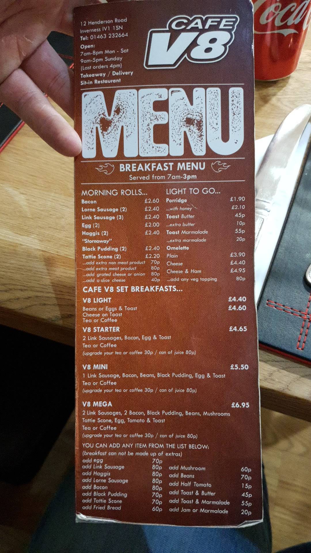 Menu at Cafe V8, Inverness