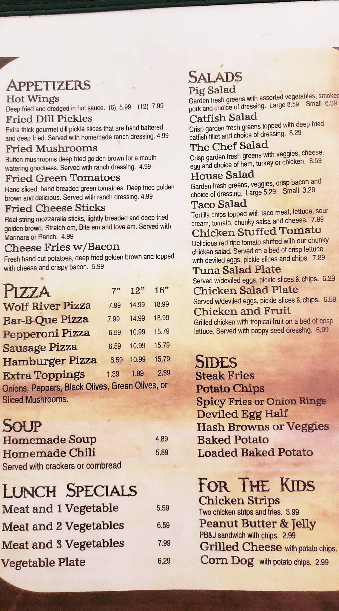 Menu at Wolf River Cafe, Rossville, 460 Main St